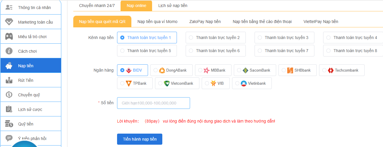 123B hỗ trợ nạp tiền tại nhiều ngân hàng khác nhau