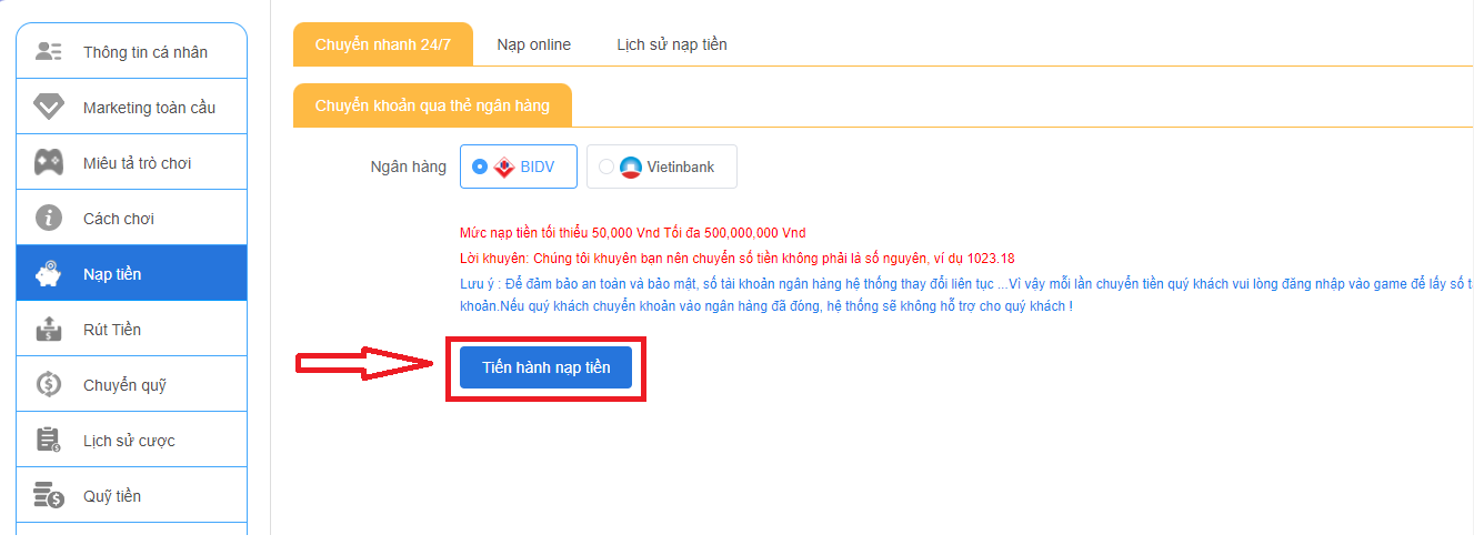 Nạp tiền qua thẻ ngân hàng