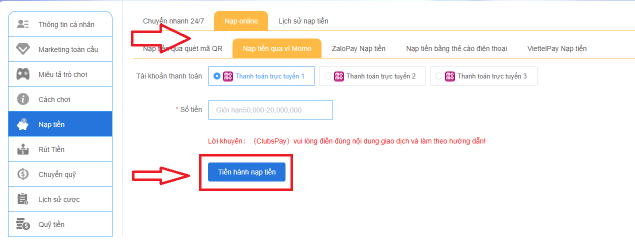 Nạp tiền qua ví điện tử